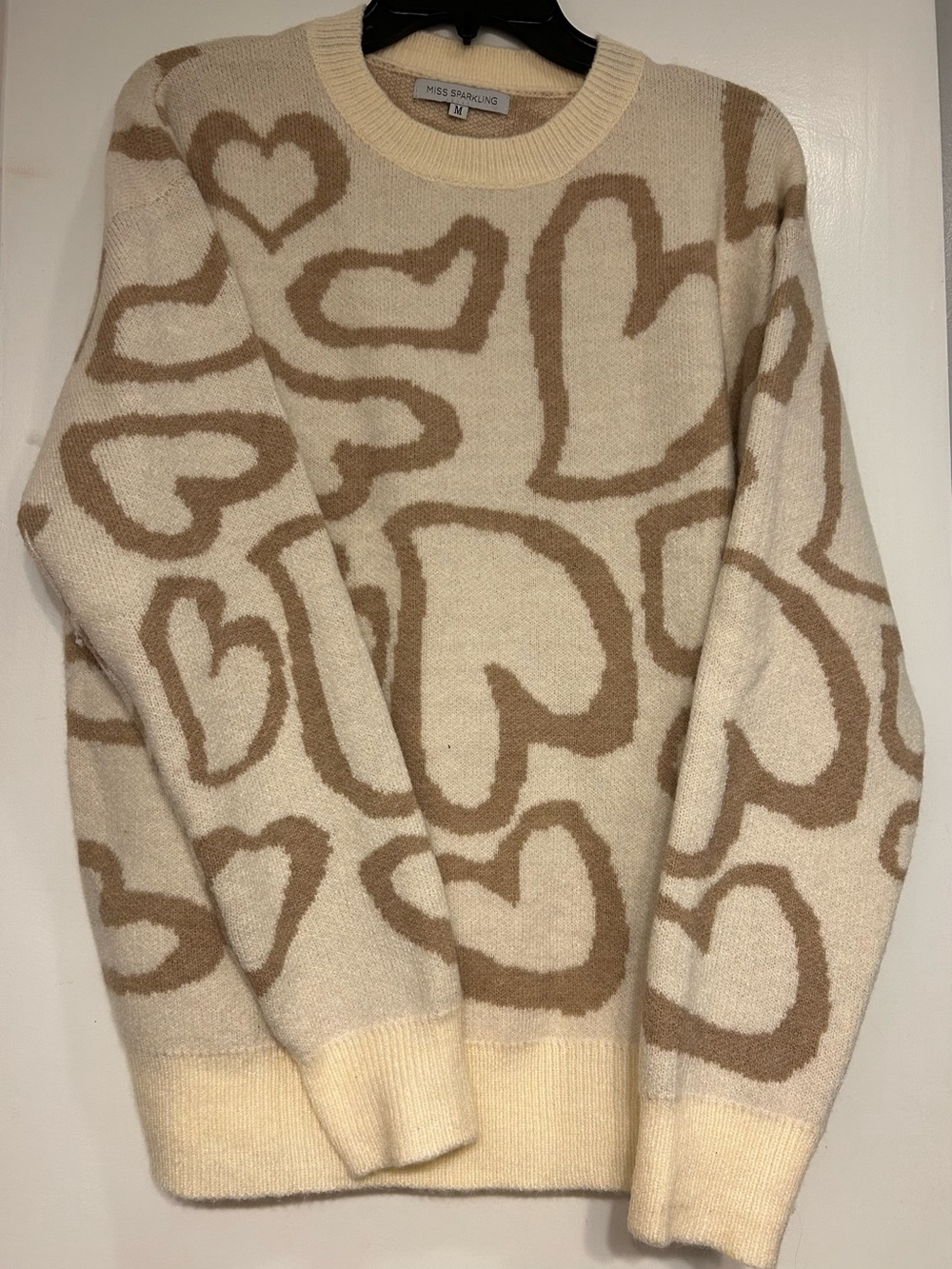 Miss Sparkling Cream & Tan Heart Pattern Crewneck Sweater